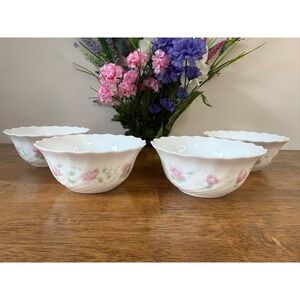 Arcopal Florentine Bowls Set 4 France Pink Green Floral Milk Glass Vintage Retro